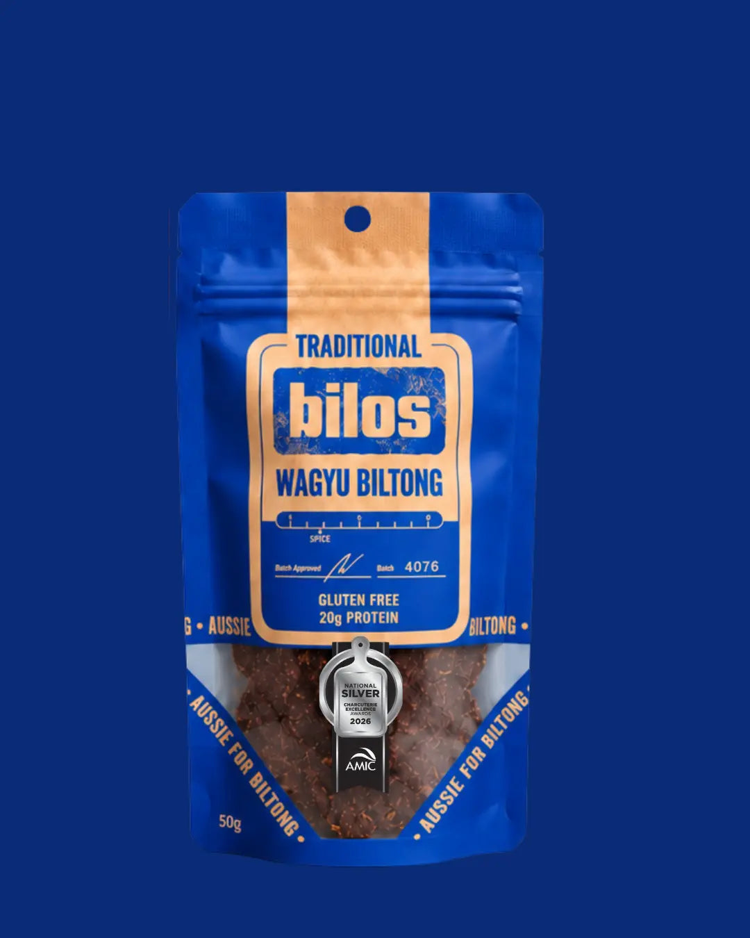 Bilos Traditional wagyu biltong bag on a blue background