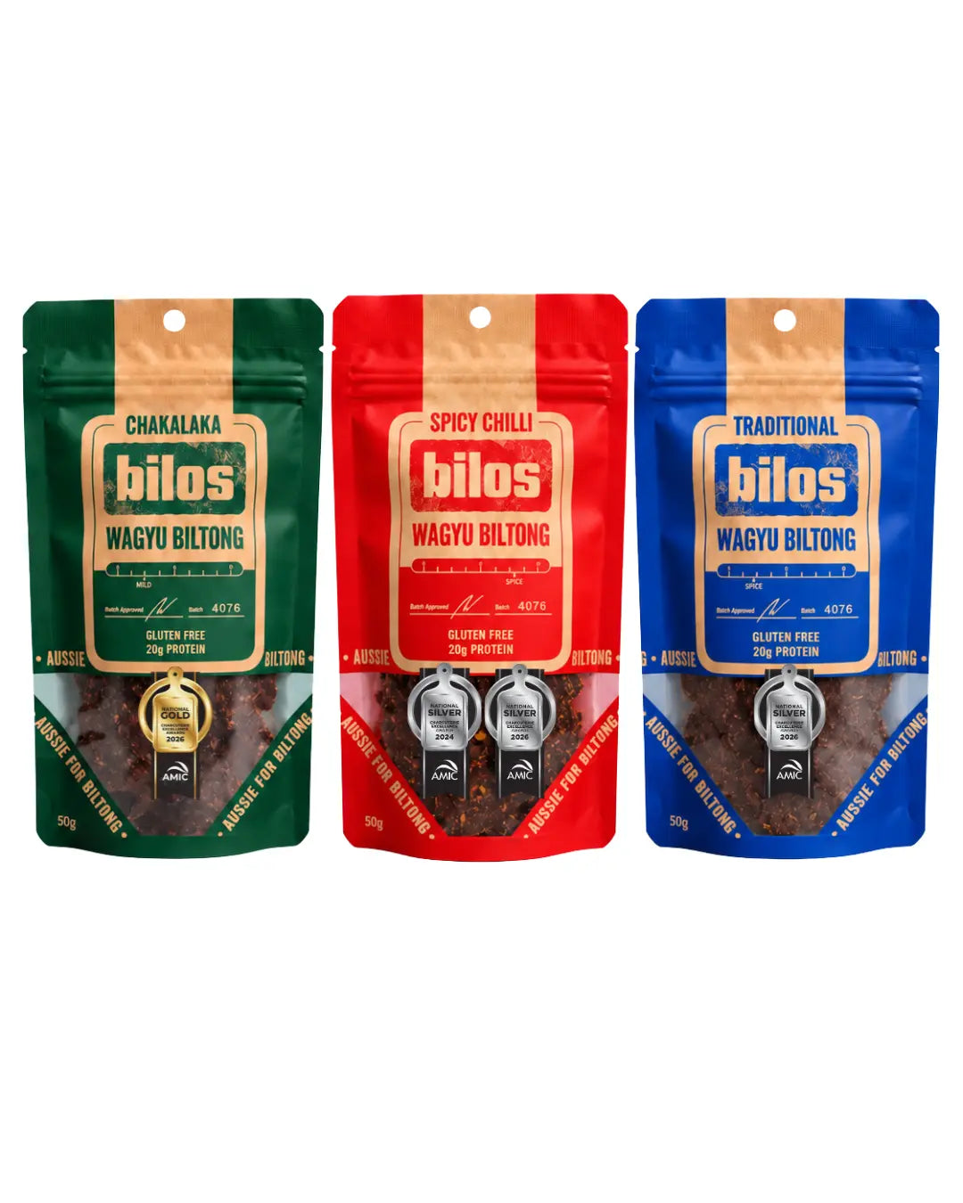 Chakalaka, Spicy Chilli and Traditional wagyu biltong bags side by side