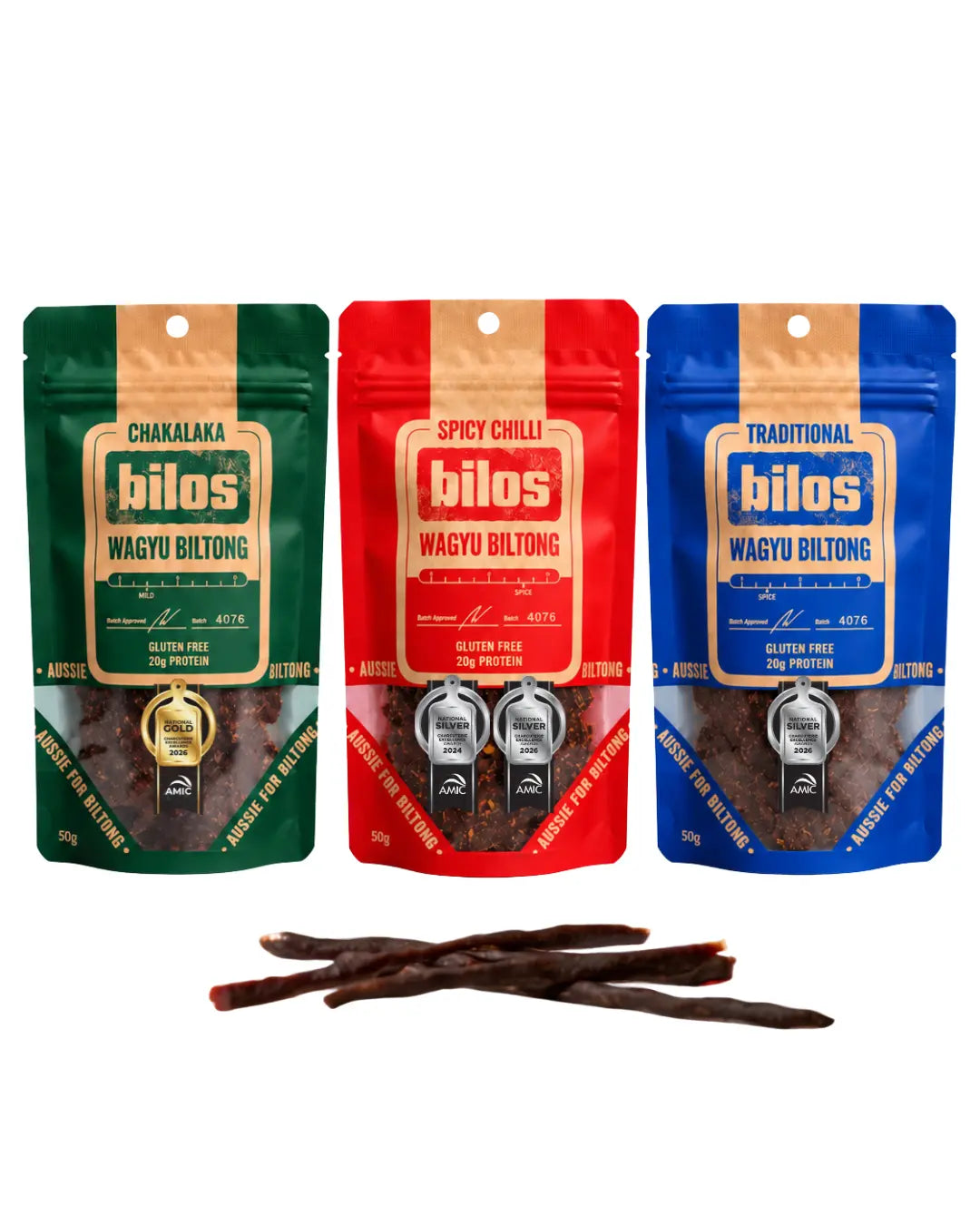 Three Bilos wagyu biltong bags with sticks of droewors in front