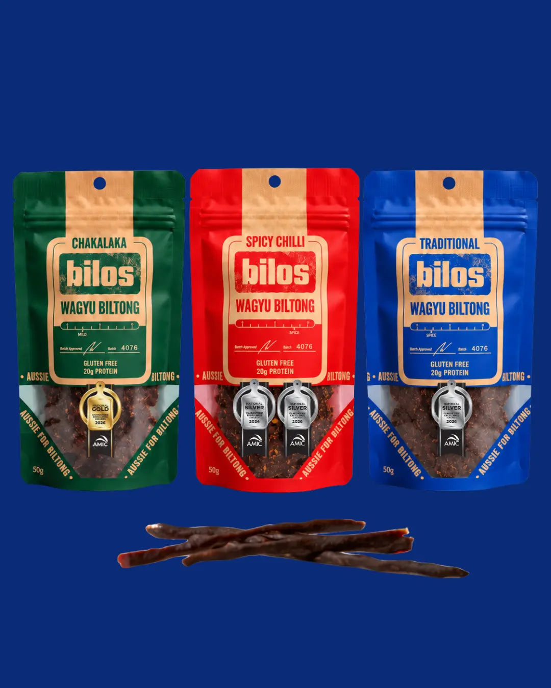 Bilos biltong trio and droewors on a blue background