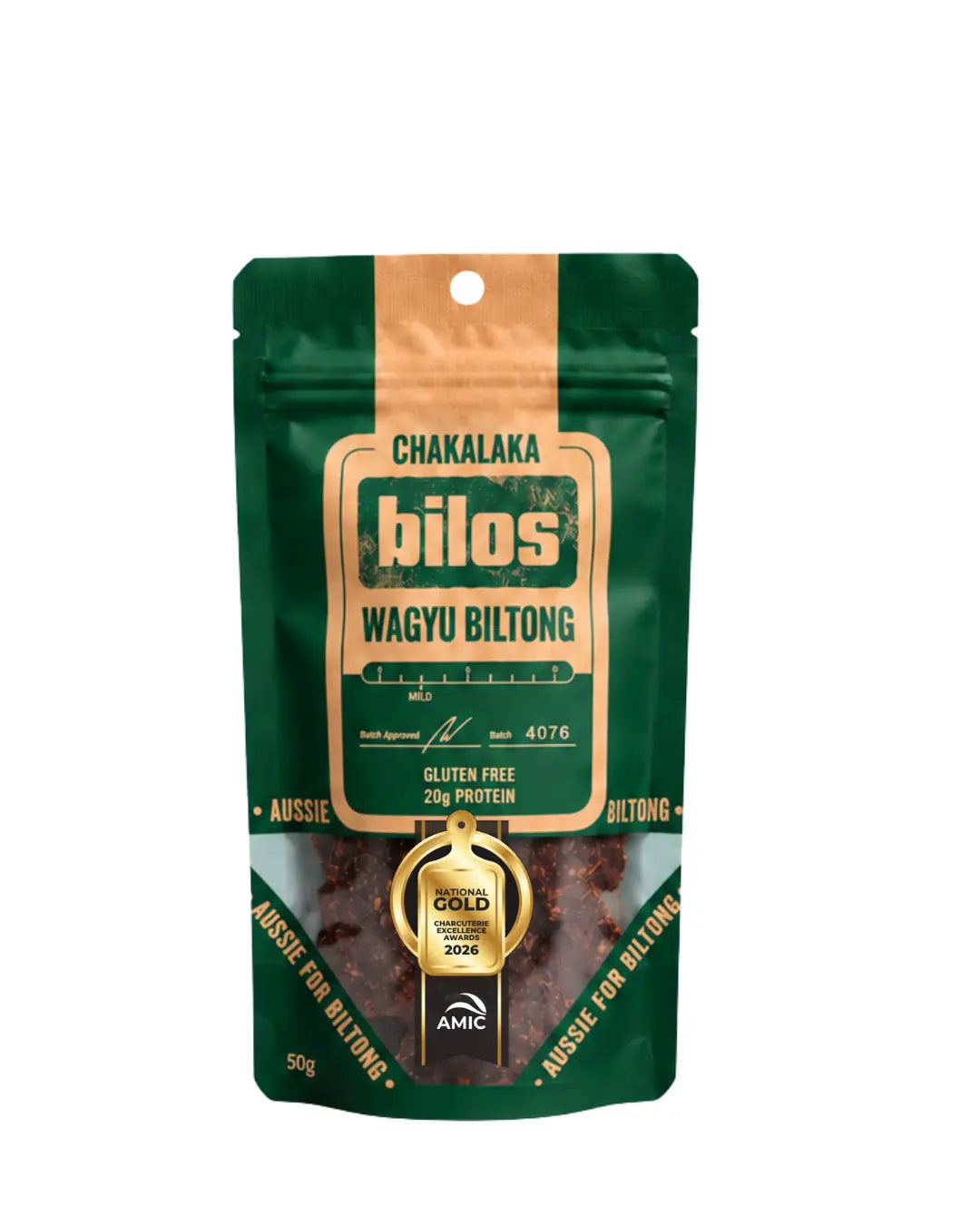 Bilos Chakalaka wagyu biltong, 50g green bag with AMIC gold medal