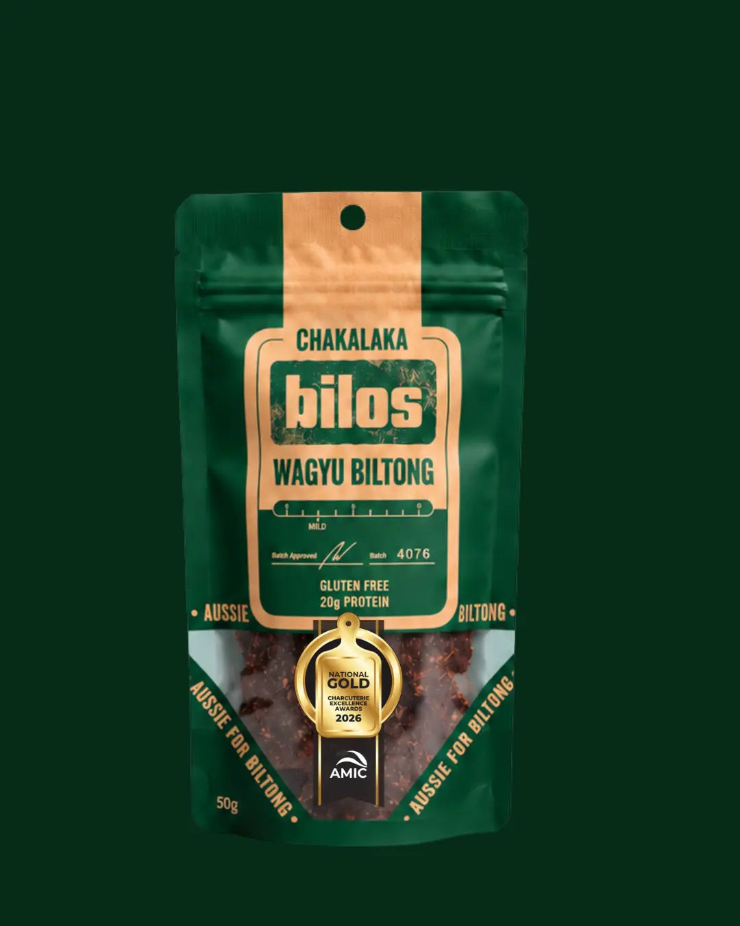 Bilos Chakalaka wagyu biltong bag on a green background
