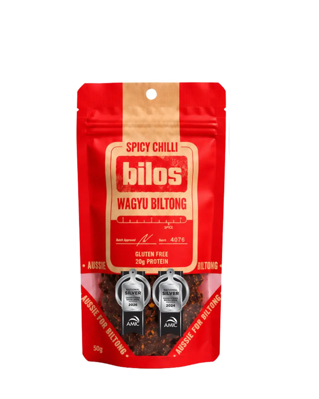 Bilos Spicy Chilli wagyu biltong, 50g red bag with two AMIC silver medals