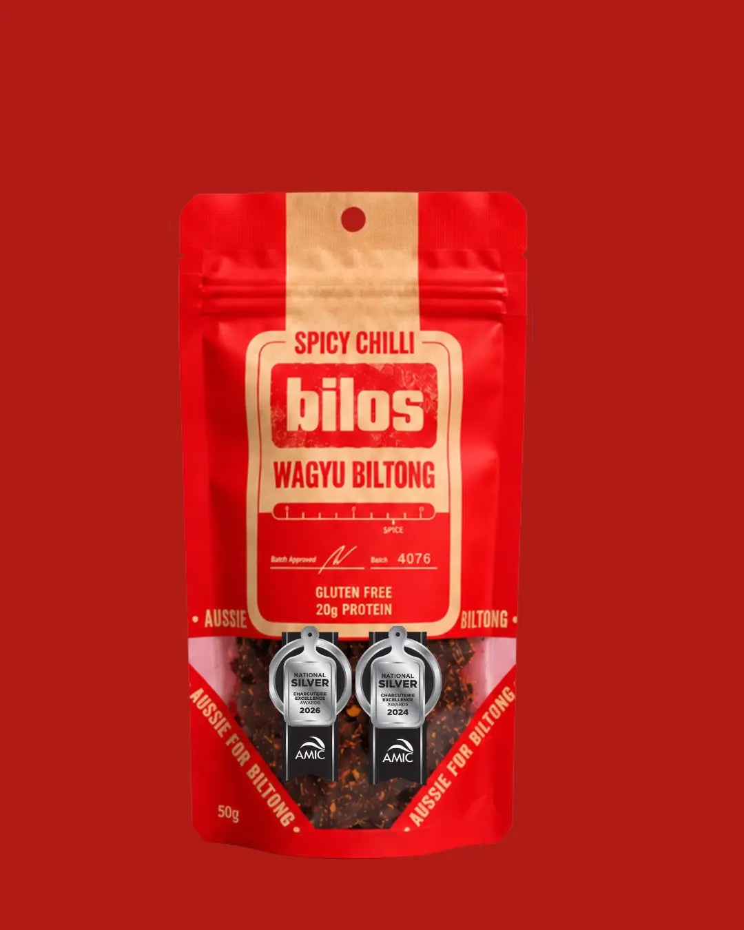 Bilos Spicy Chilli wagyu biltong bag on a red background