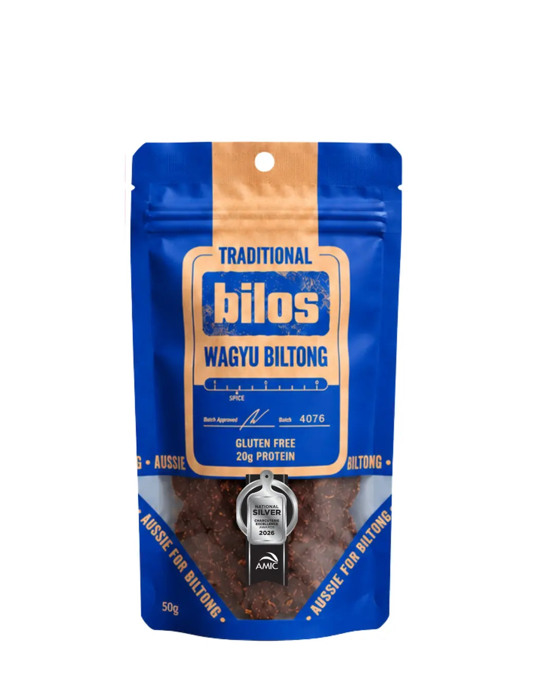 Bilos Traditional wagyu biltong, 50g blue bag with AMIC silver medal