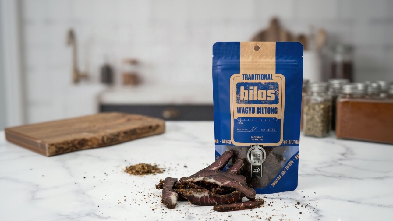 Bilos Waghu Biltong packaging with biltong slices on a kitchen counter