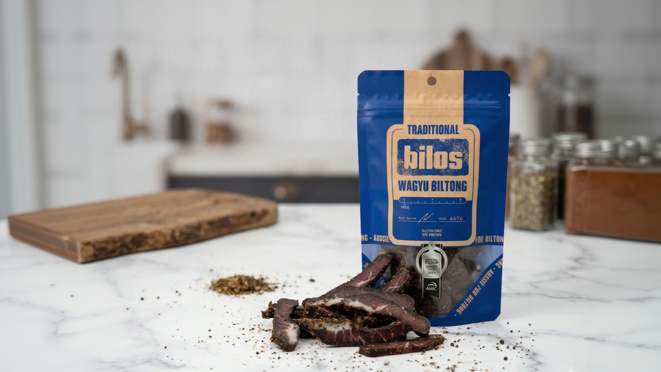 Bilos Wagyu Biltong packaging on a kitchen counter with biltong slices and spices.