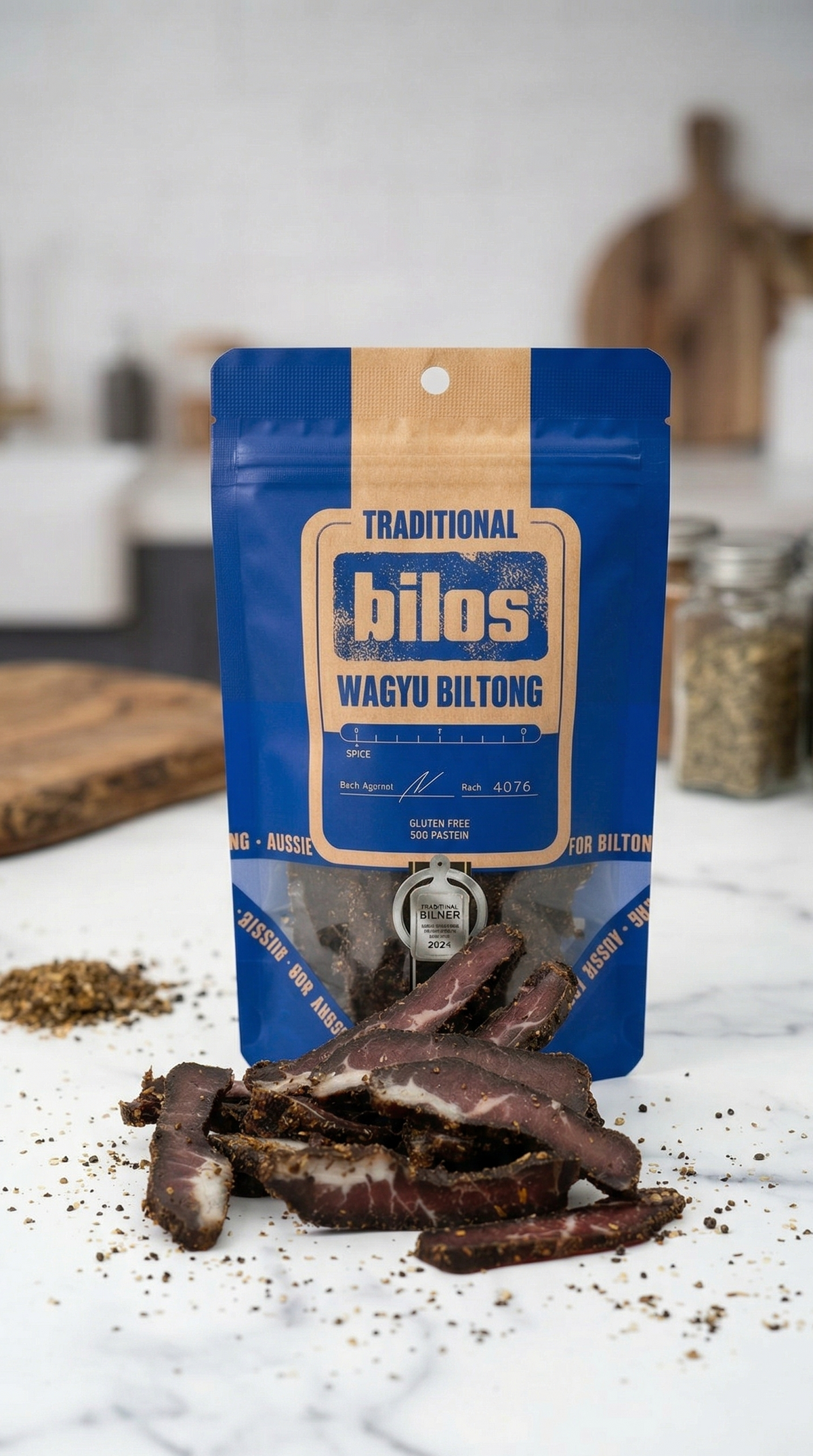 Bilos Wagyu Biltong packaging on a marble surface with biltong slices and spices.